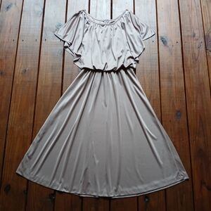 Vintage 70's M mocha taupe light brown silky blousey midi dress